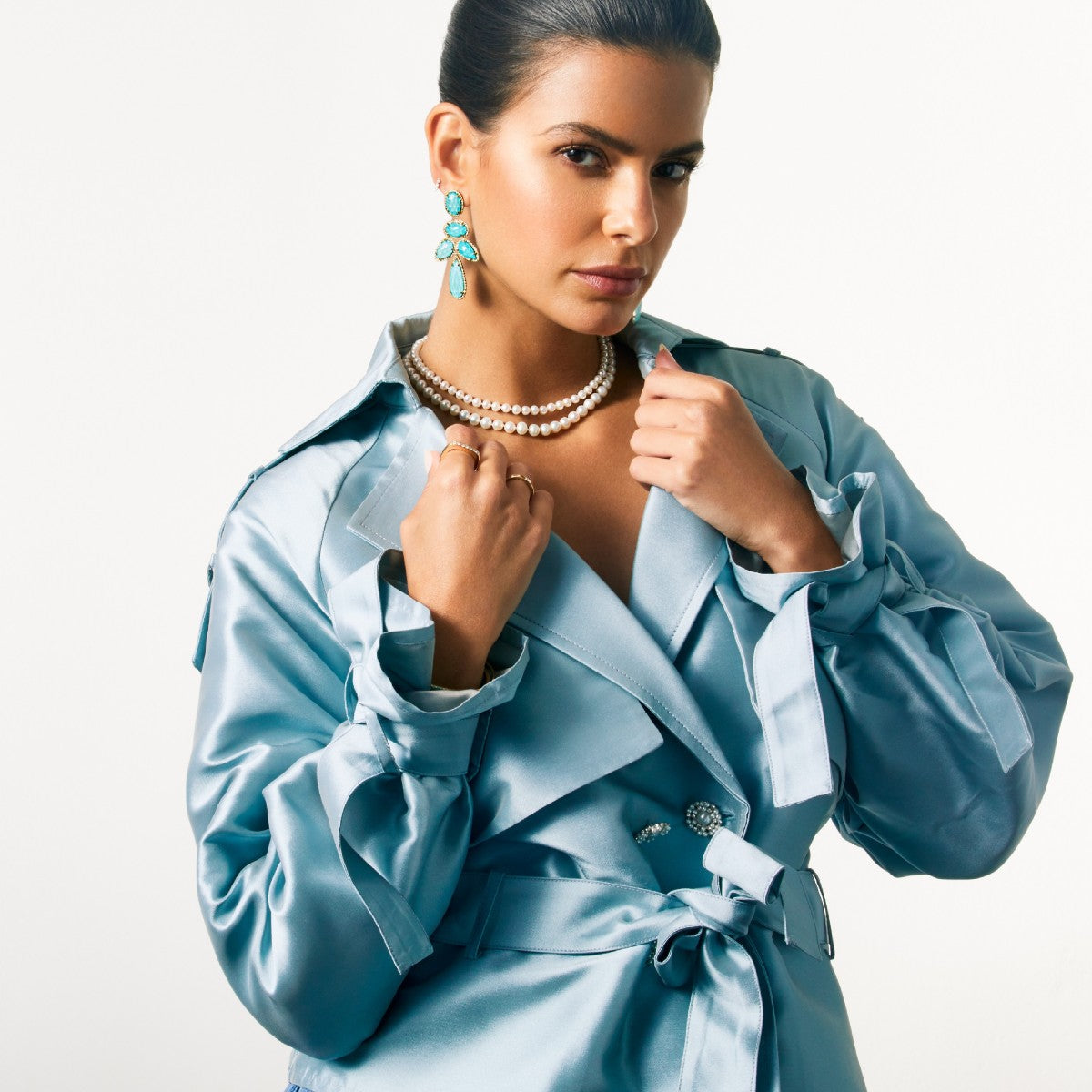 Model wearing 14KT Yellow Gold Turquoise Doublet Diamond Bellissima Chandelier Earrings