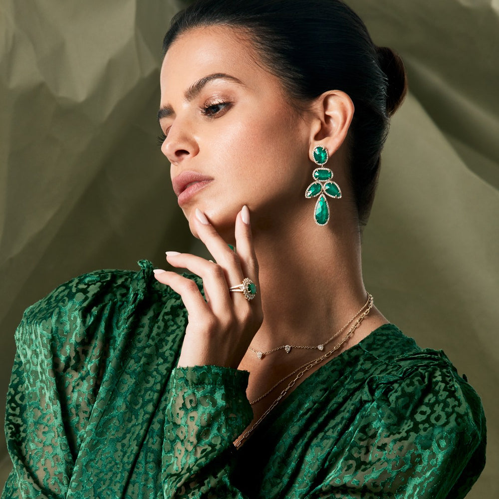 Model wearing 14KT Yellow Gold Emerald Triplet Diamond Bellissima Chandelier Earrings