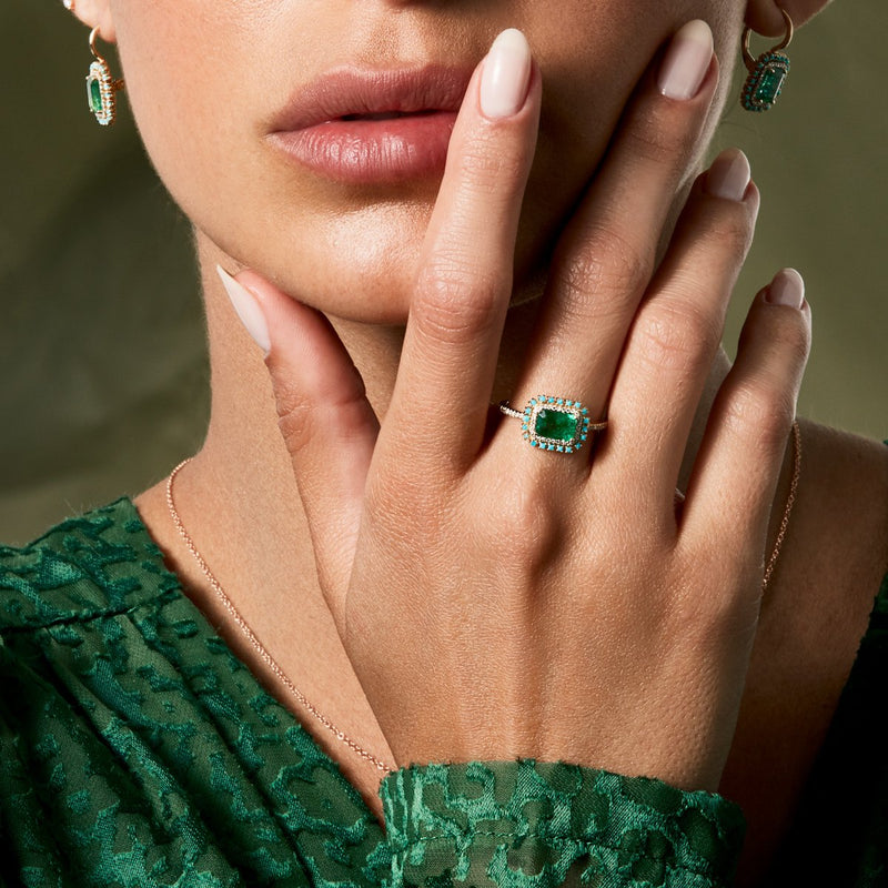 14KT Yellow Gold Emerald Turquoise Diamond Ring