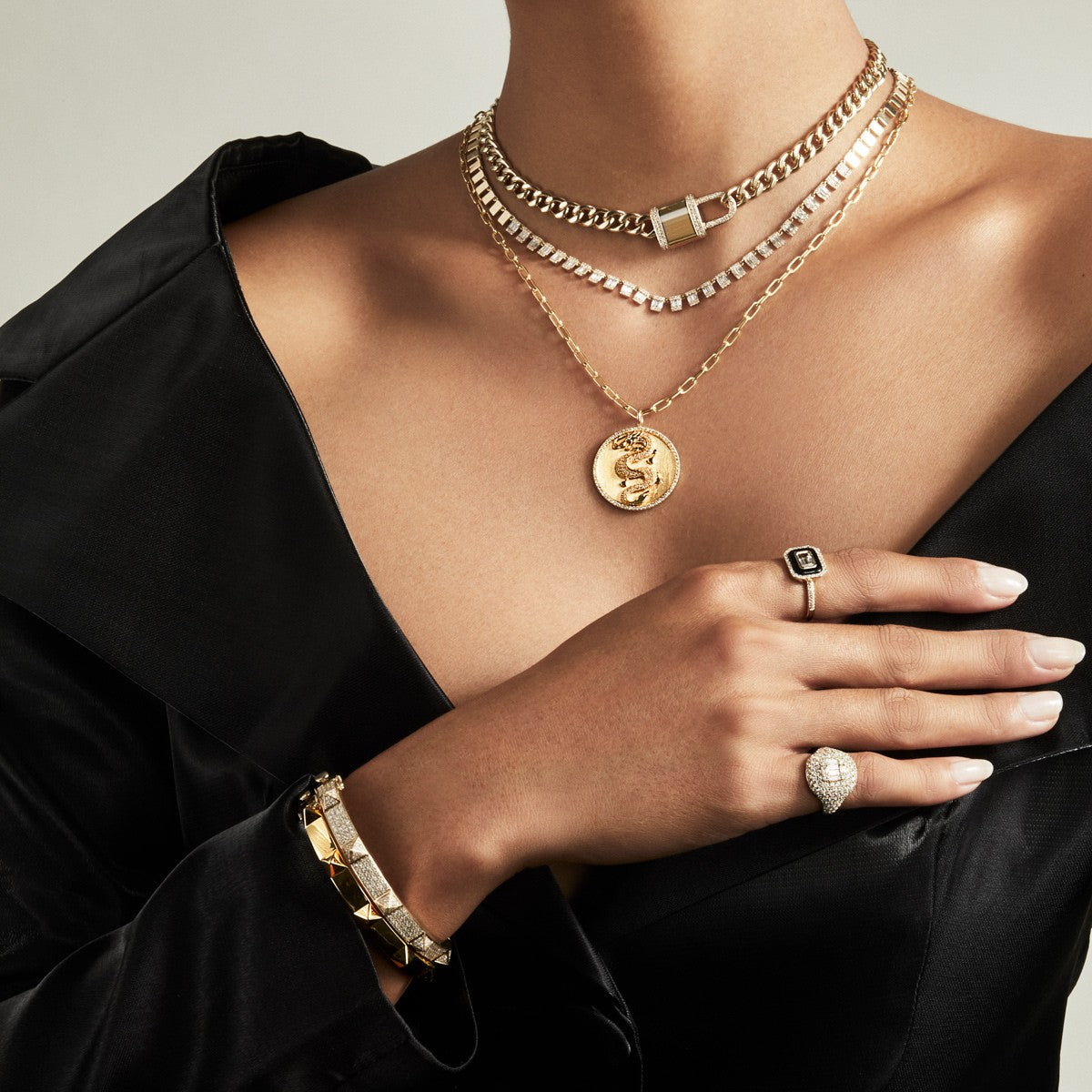 Model wearing 14KT Yellow Gold Diamond Lovelock Necklace