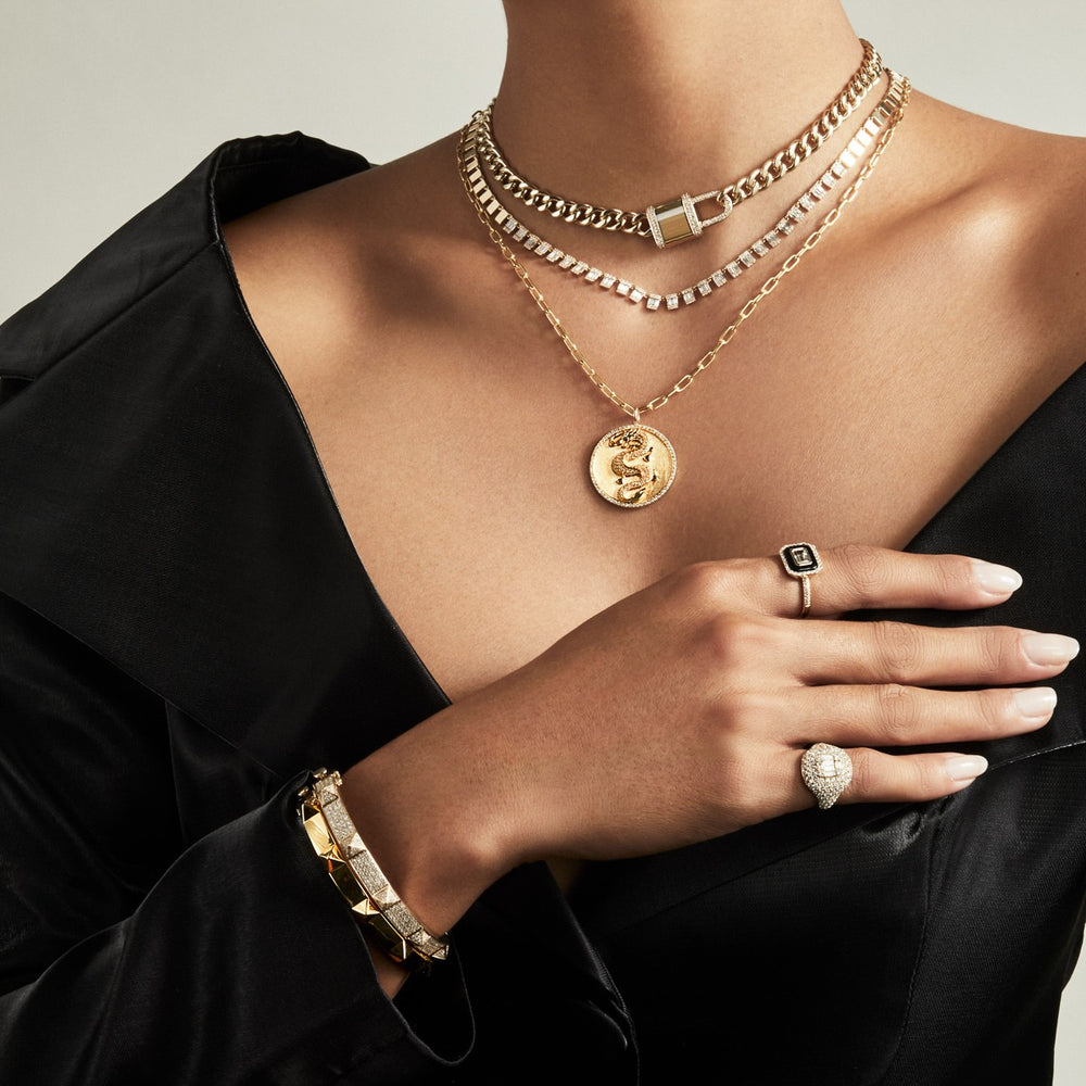 Model wearing 14KT Yellow Gold Diamond Lovelock Necklace