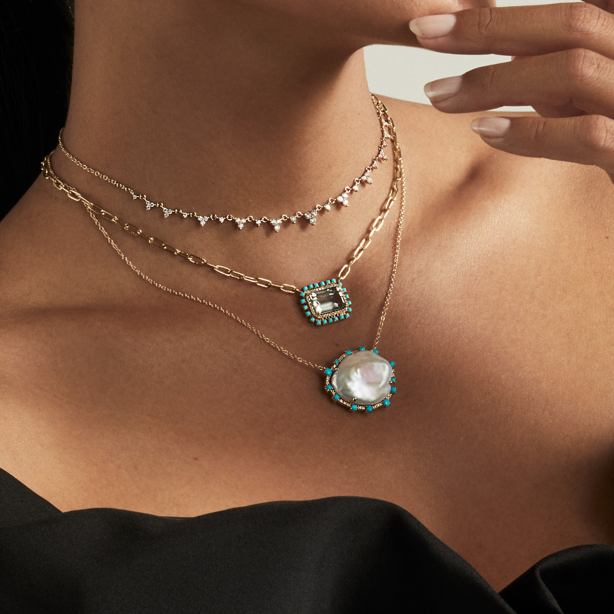 14KT Yellow Gold Baroque Pearl Turquoise Diamond Moorea Necklace