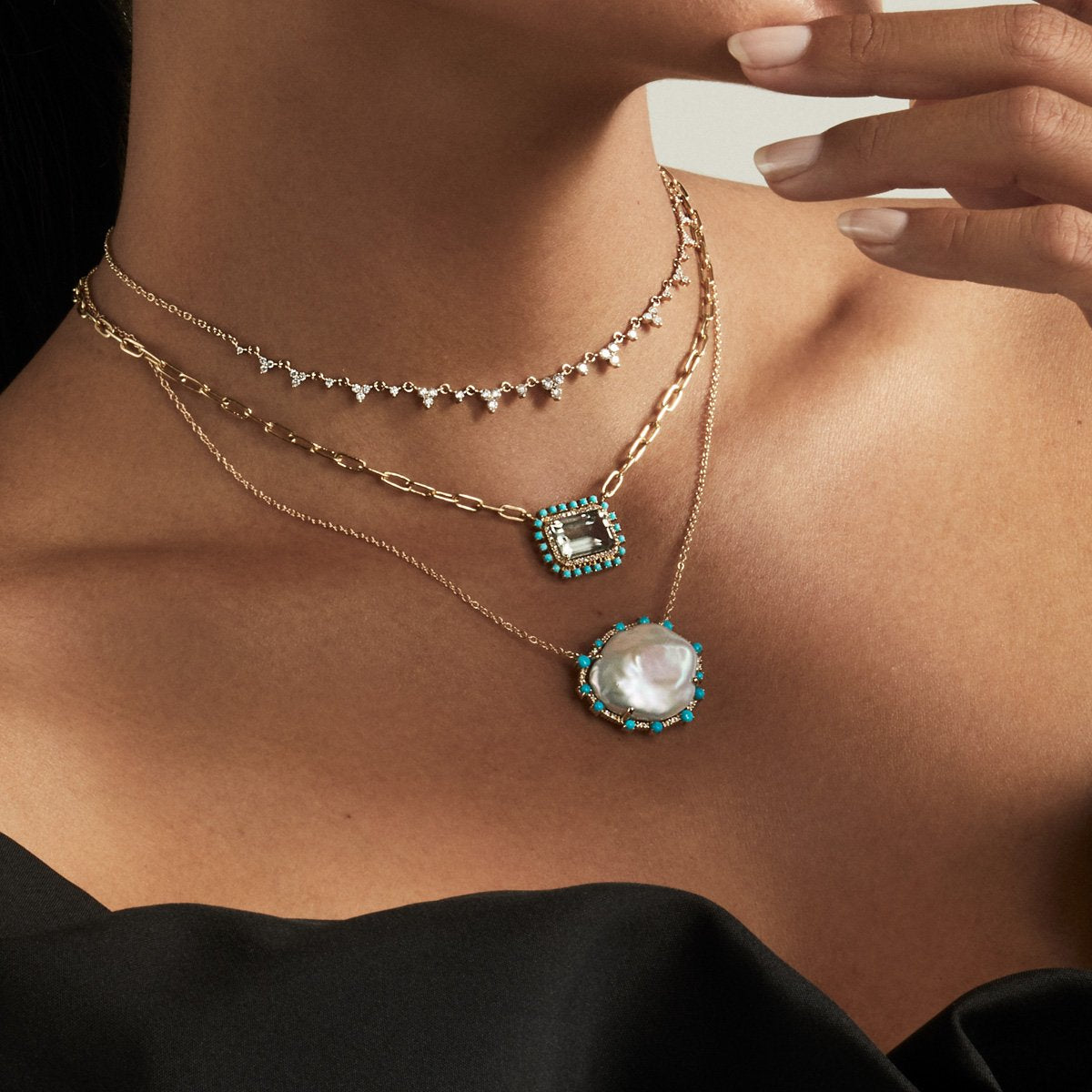 18KT White Gold Green Amethyst Turquoise Diamond Portofino Chain Link Necklace