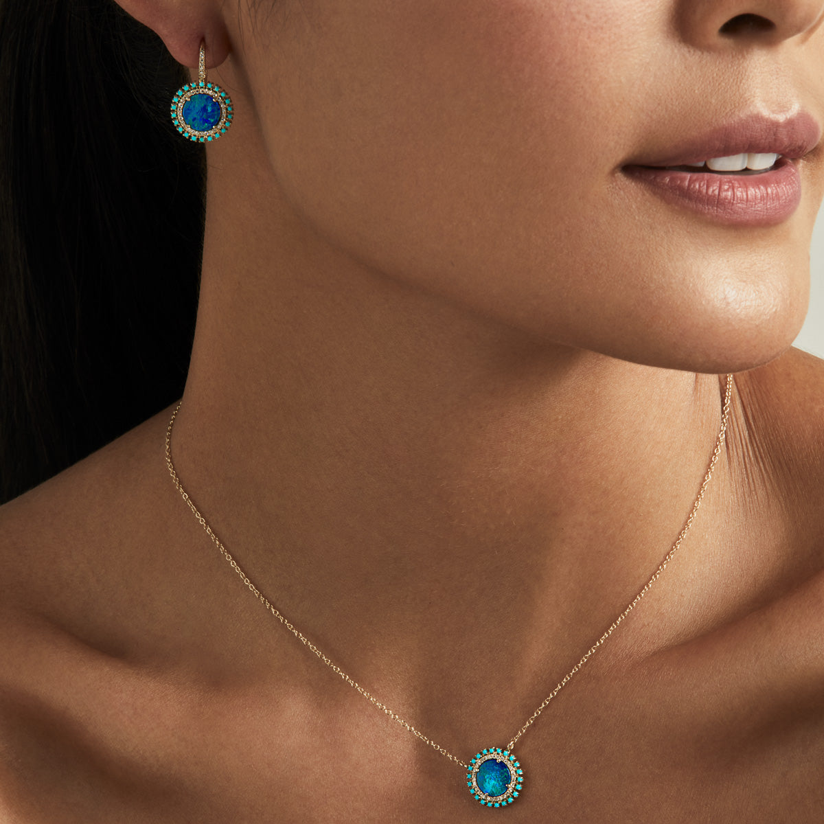 14KT White Gold Opal Turquoise Diamond Round Kai Earrings