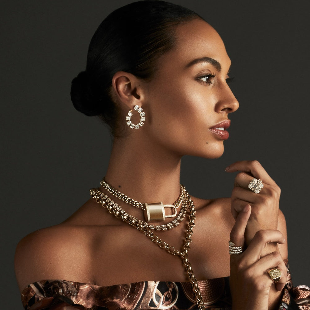 Model wearing 14KT Yellow Gold Baguette Diamond Marcela Earrings