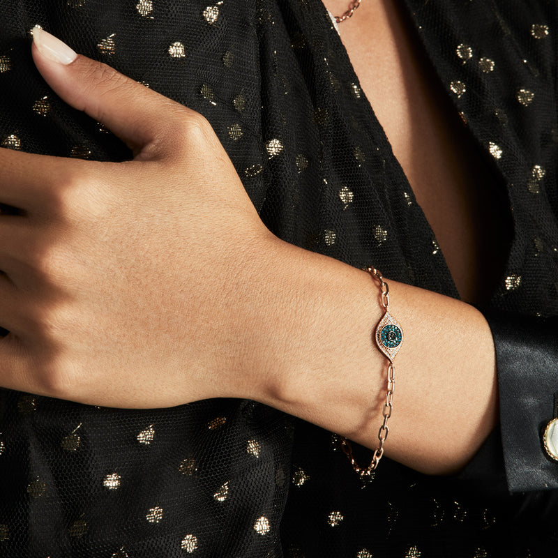 14KT White Gold Blue Diamond Evil Eye Chain Link Bracelet