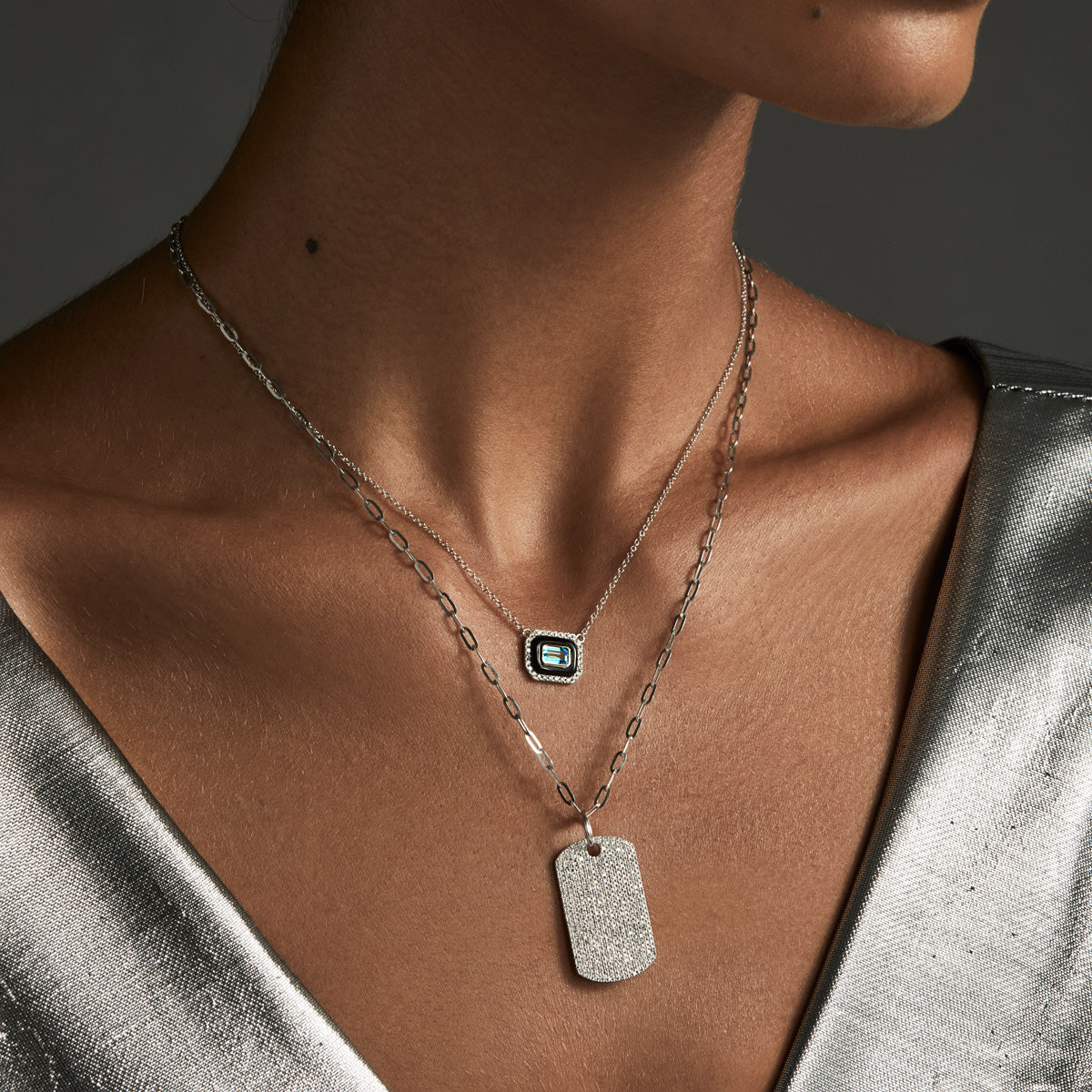 14KT White Gold Onyx Sky Topaz Diamond Necklace