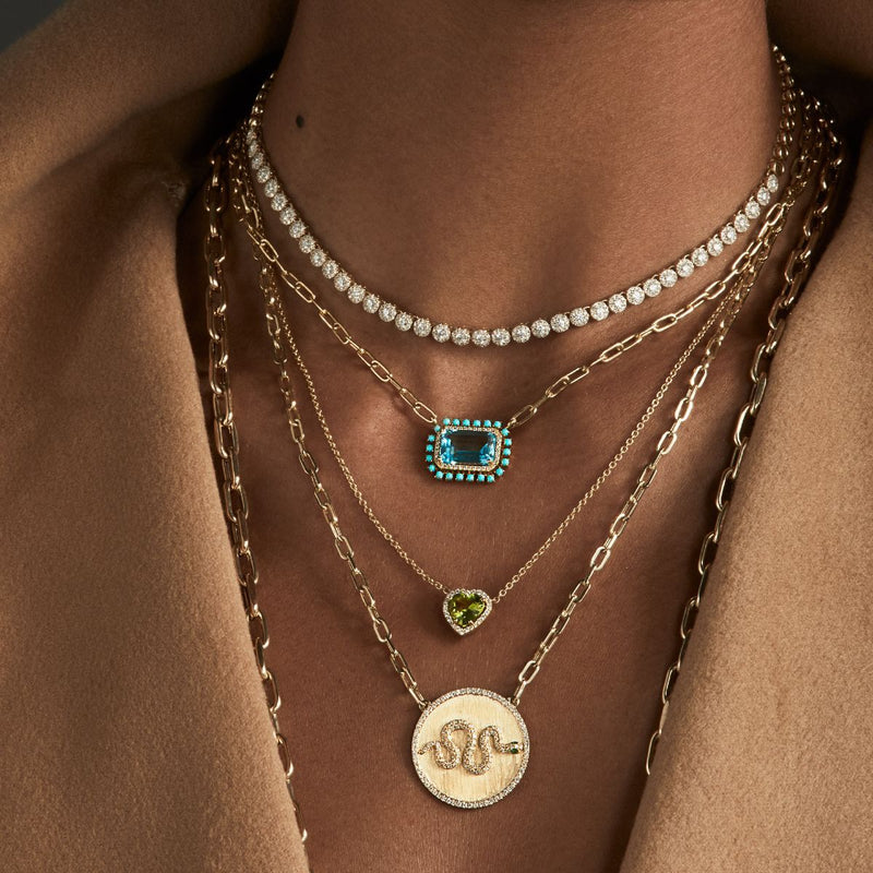 18KT White Gold Blue Topaz Turquoise Diamond Portofino Chain Link Necklace