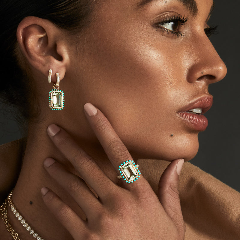 Model wearing 18KT Rose Gold Diamond Brooklyn Huggie Earrings