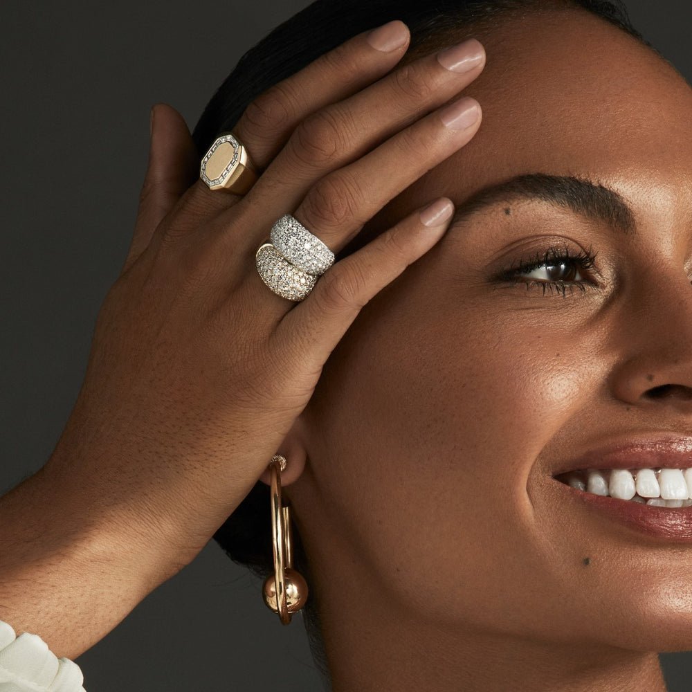 Model wearing 14KT Yellow Gold Diamond Dome Ring