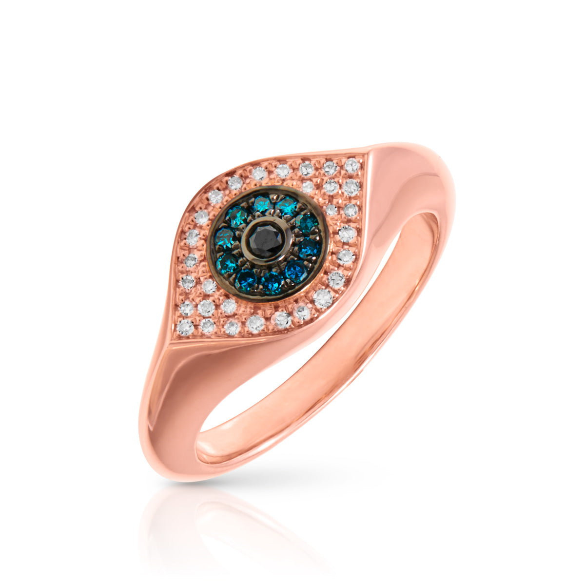 14KT Rose Gold Blue Diamond Evil Eye Signet Ring