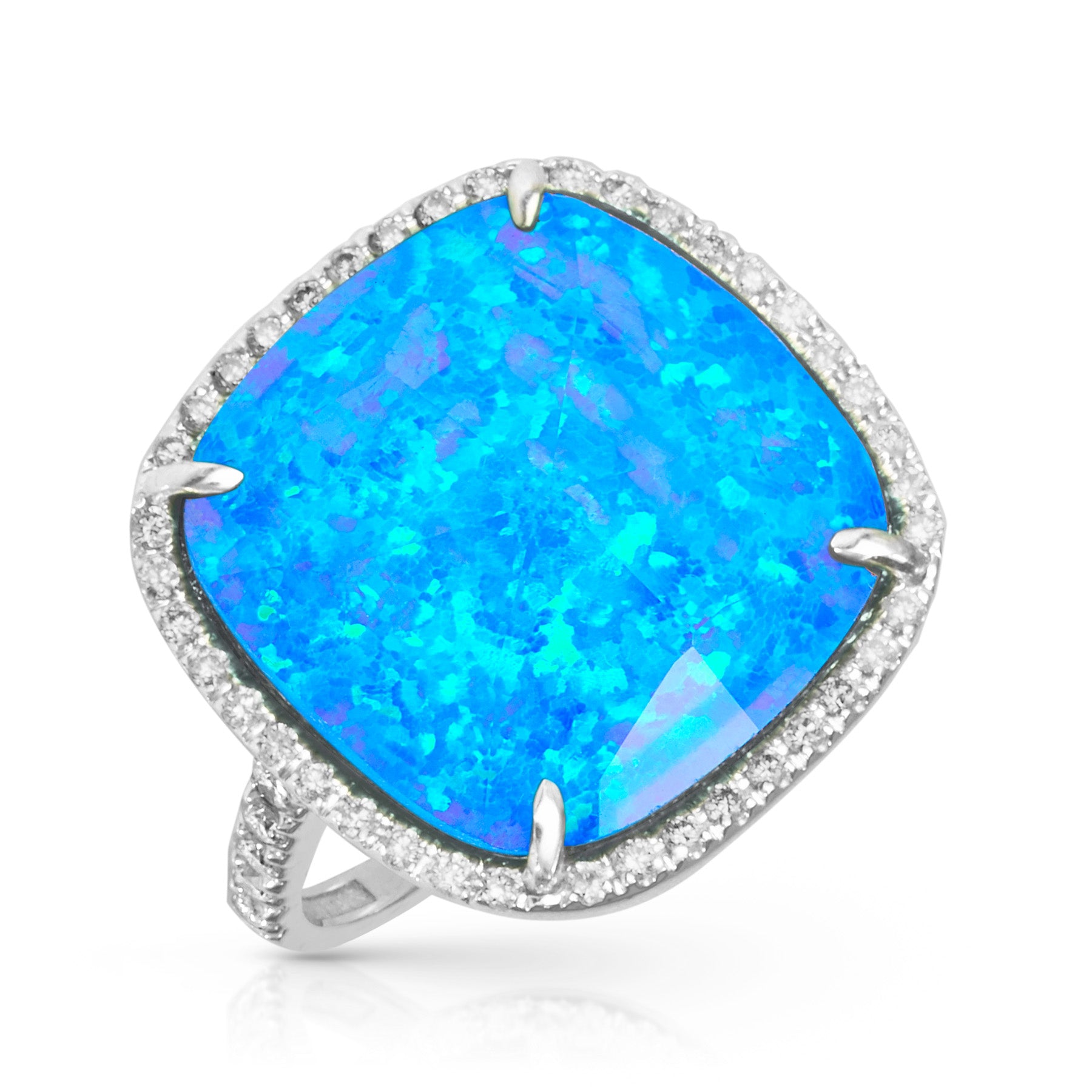 14KT White Gold Diamond Opal Doublet Cushion Cut Cocktail Ring