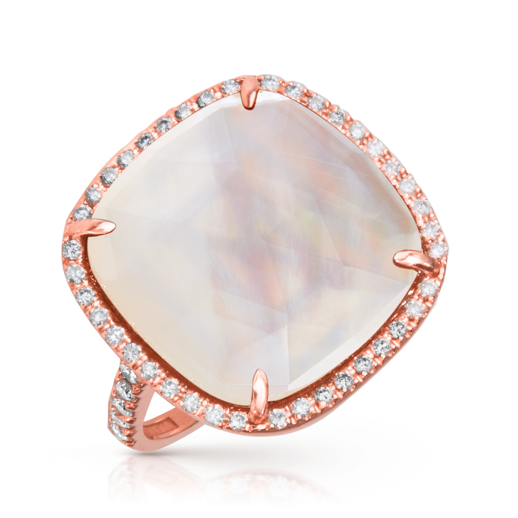 14KT Rose Gold Diamond Mother of Pearl Doublet Cushion Cut Cocktail Ring