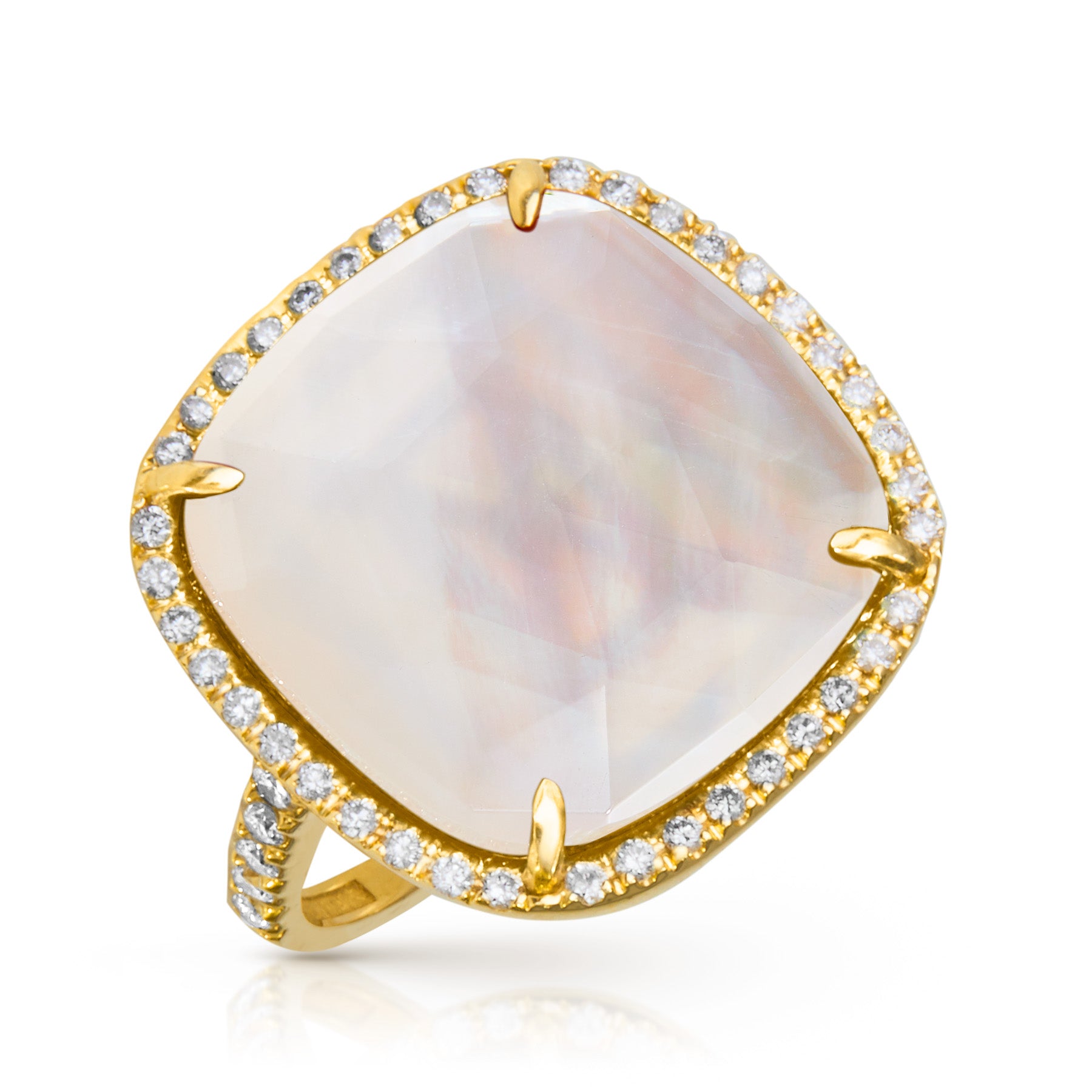 14KT Yellow Gold Diamond Mother of Pearl Doublet Cushion Cut Cocktail Ring