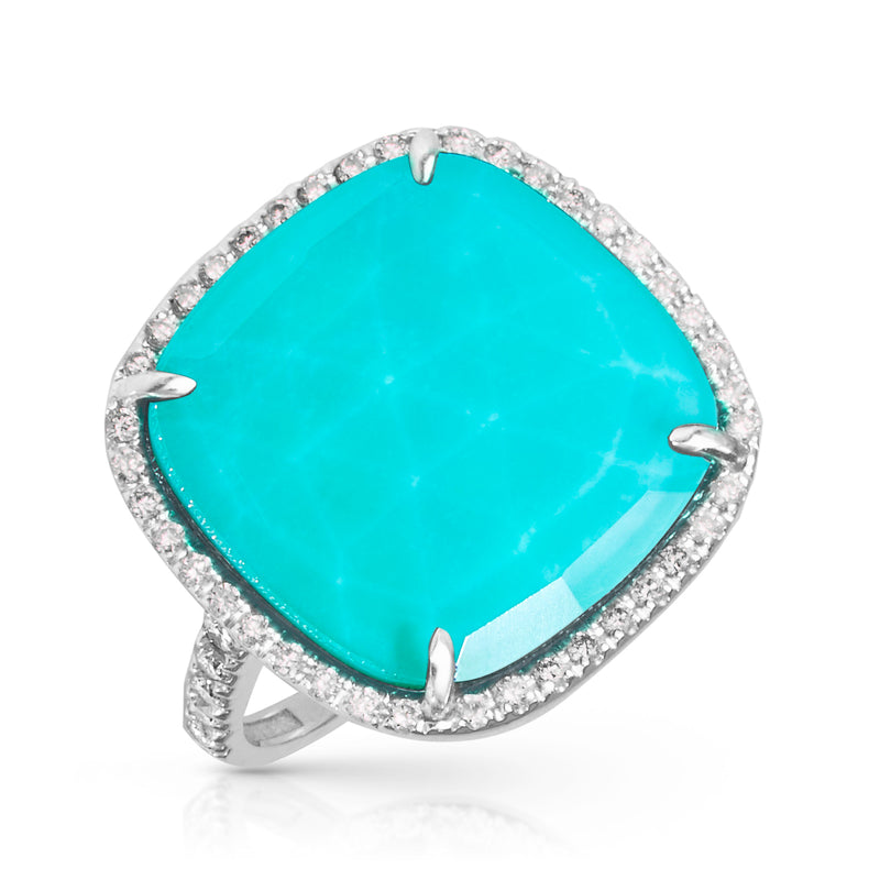 14KT White Gold Diamond Turquoise Doublet Cushion Cut Cocktail Ring