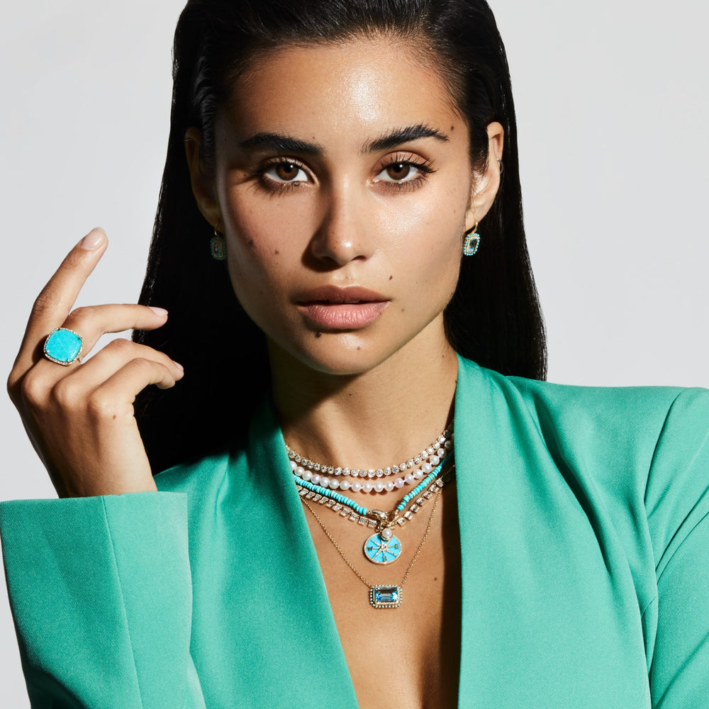 Model wearing 14KT Yellow Gold Diamond Turquoise Doublet Cushion Cut Cocktail Ring
