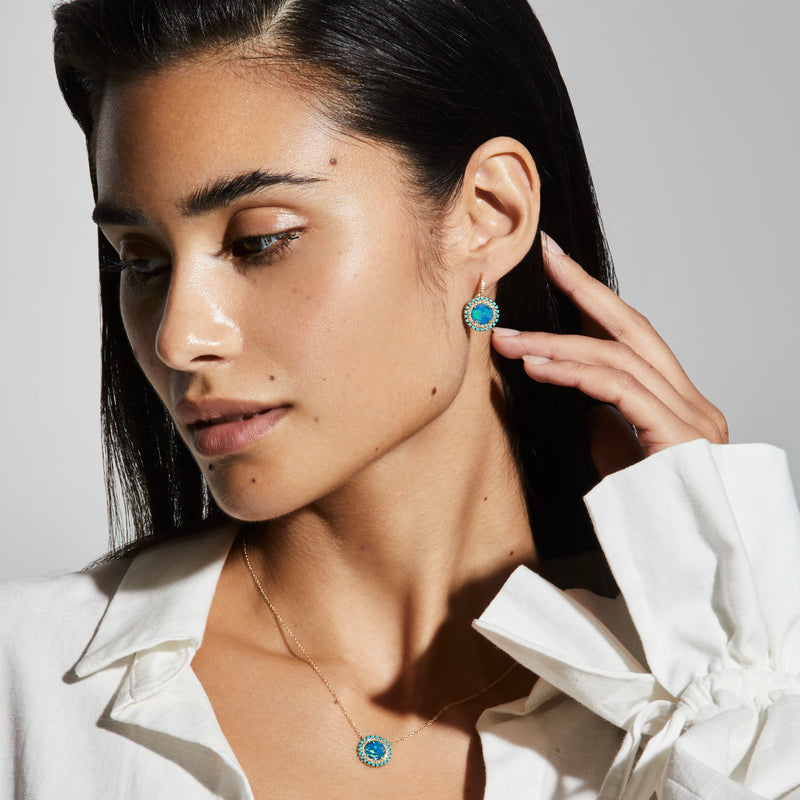 14KT White Gold Opal Turquoise Diamond Round Kai Earrings