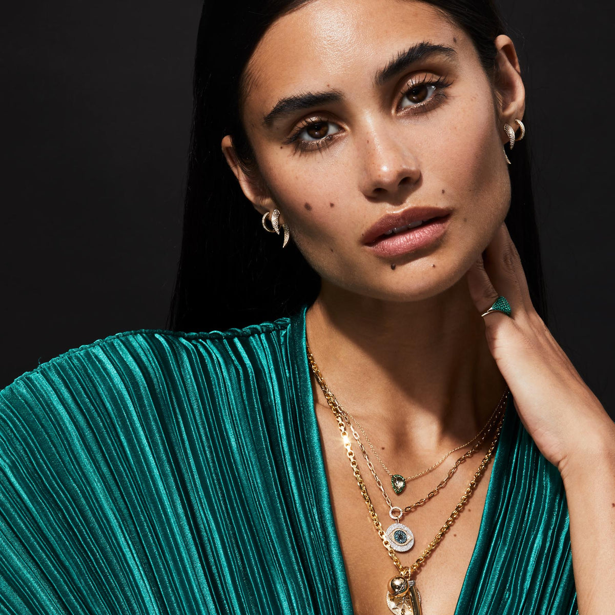 Model wearing 14KT Yellow Gold Diamond Sabre Earrings