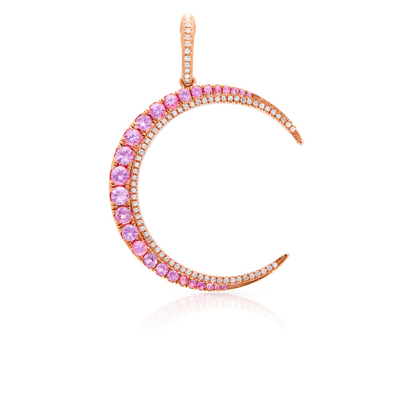 14KT Rose Gold Pink Sapphire Diamond Lunar Charm Pendant with Diamond Clip On Bail