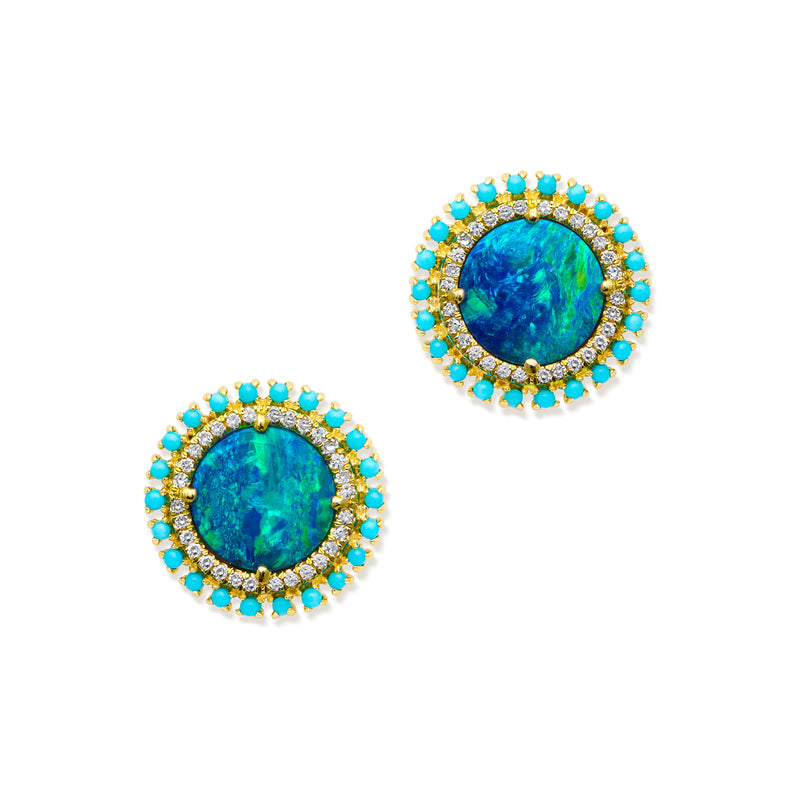 14KT Yellow Gold Opal Turquoise Diamond Kai Stud Earrings