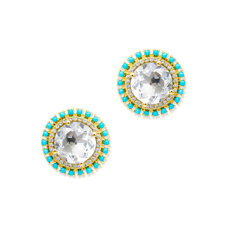 14KT Yellow Gold Topaz Turquoise Diamond Kai Stud Earrings