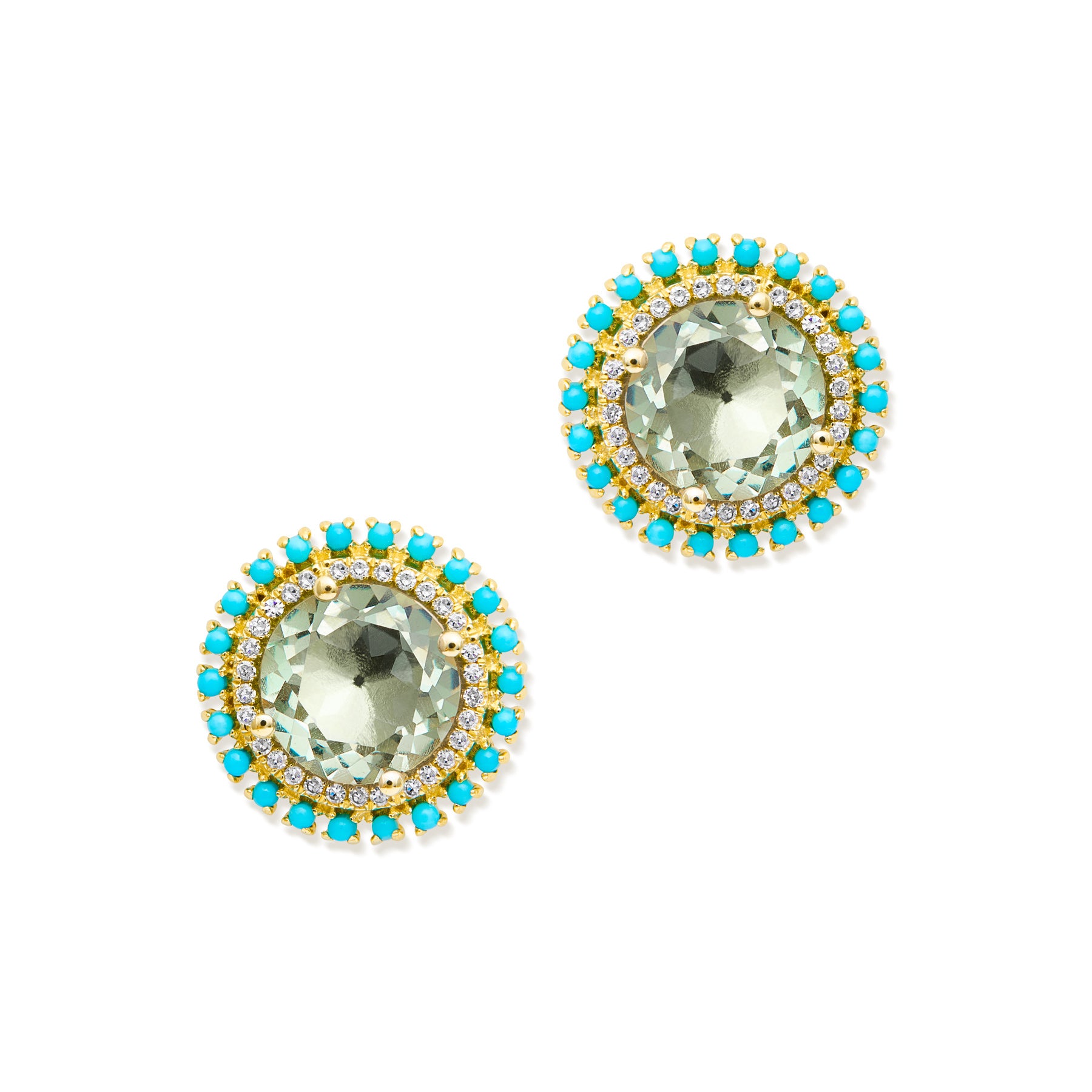14KT Yellow Gold Green Amethyst Turquoise Diamond Round Kai Stud Earrings