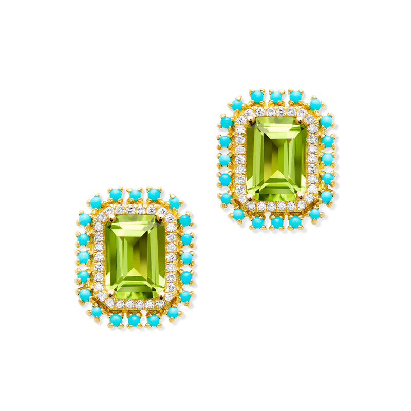 14KT Yellow Gold Peridot Turquoise Diamond Monaco Stud Earrings