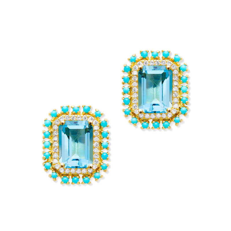 14KT Yellow Gold Blue Topaz Turquoise Diamond Monaco Stud Earrings