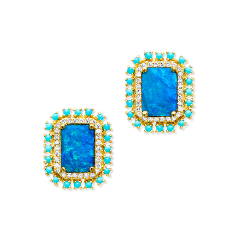 14KT Yellow Gold Opal Turquoise Diamond Monaco Stud Earrings