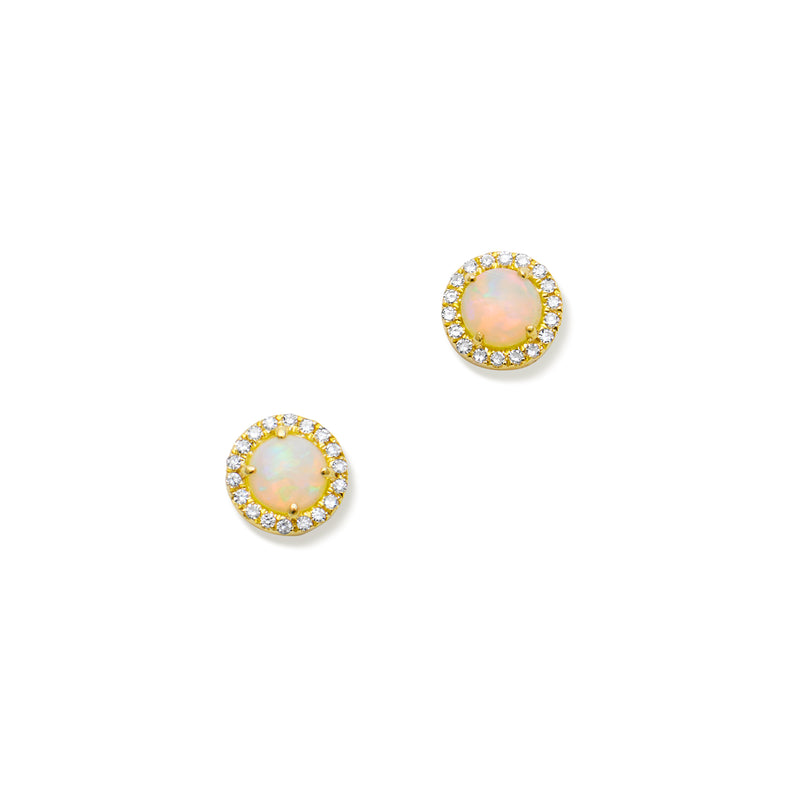 14KT Yellow Gold Mini Round Opal Diamond Stud Earrings