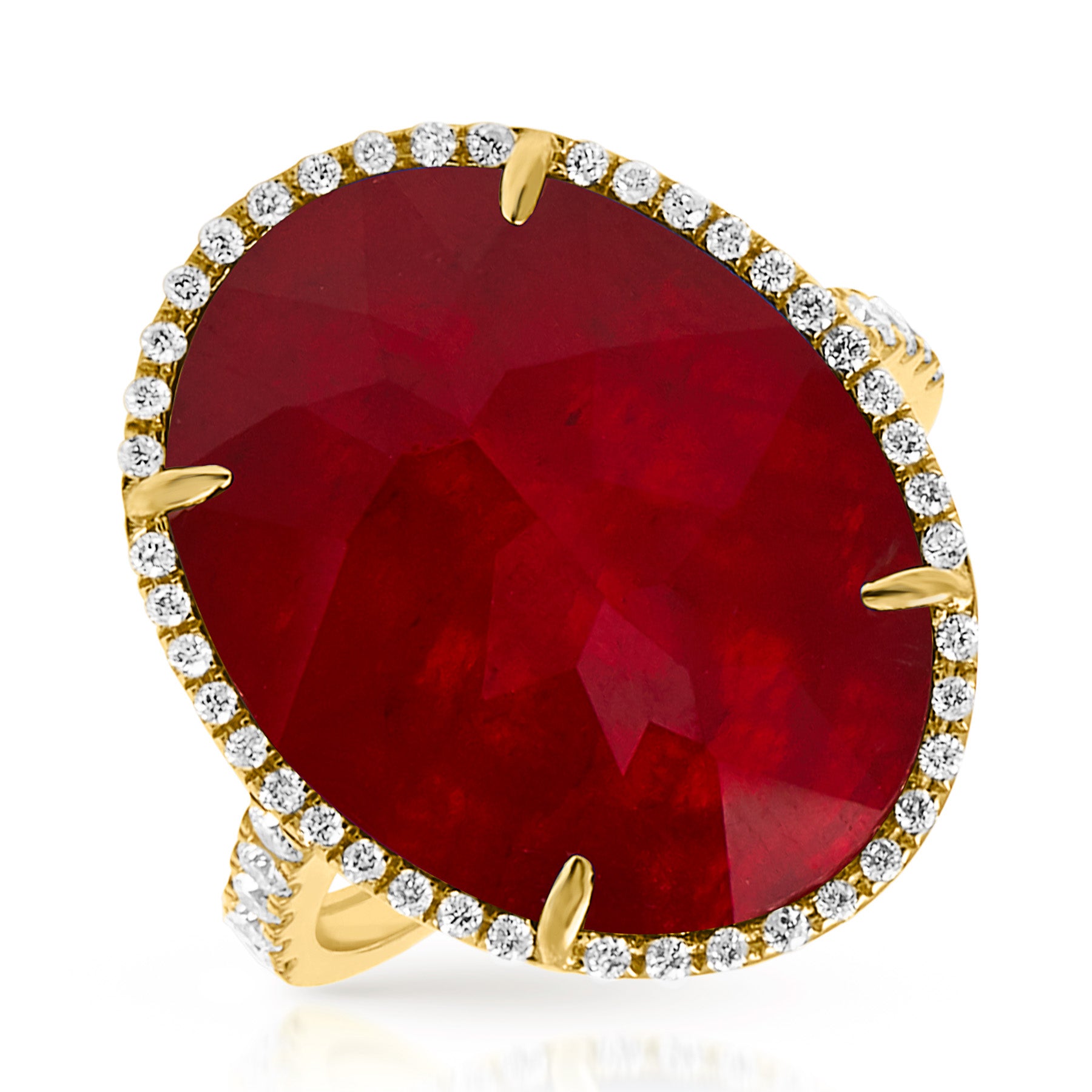 14KT Yellow Gold Diamond Ruby Triplet Oval Cocktail Ring