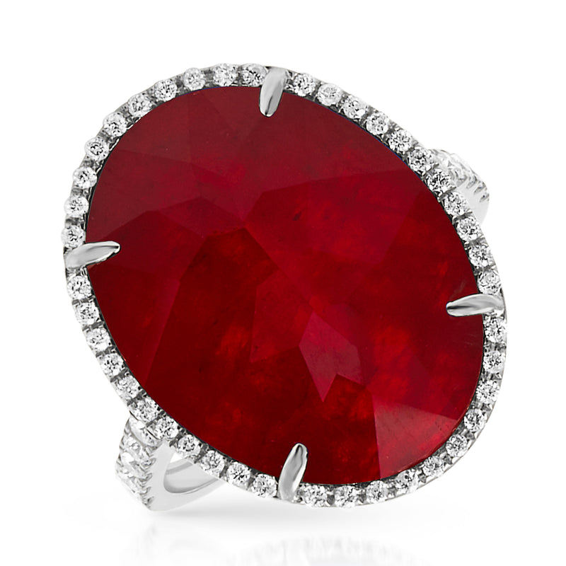 14KT White Gold Diamond Ruby Triplet Oval Cocktail Ring