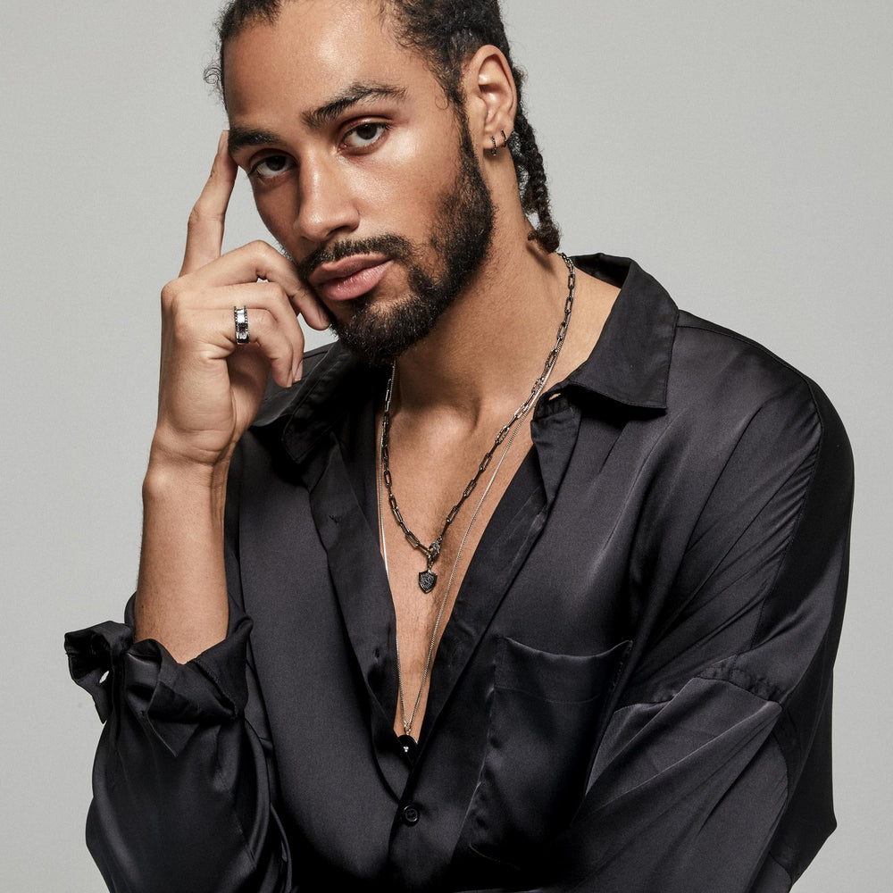 Model wearing 14KT White Gold Black Diamond Jackson Band Ring
