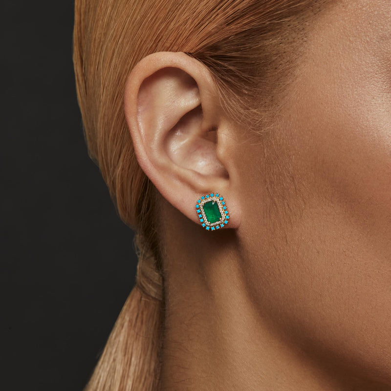14KT Yellow Gold Emerald Turquoise Diamond Monaco Stud Earrings