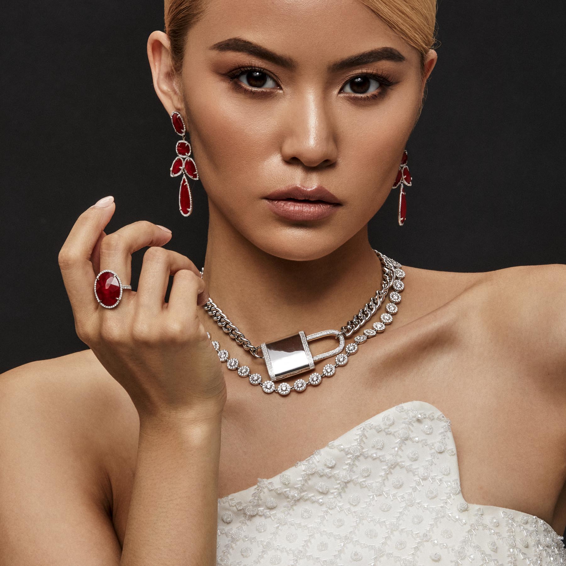 14KT Rose Gold Diamond Ruby Triplet Oval Cocktail Ring