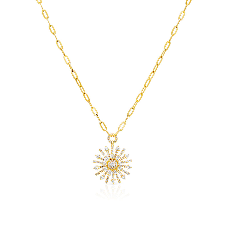 14KT Yellow Gold Diamond Sunburst Chain Link Necklace
