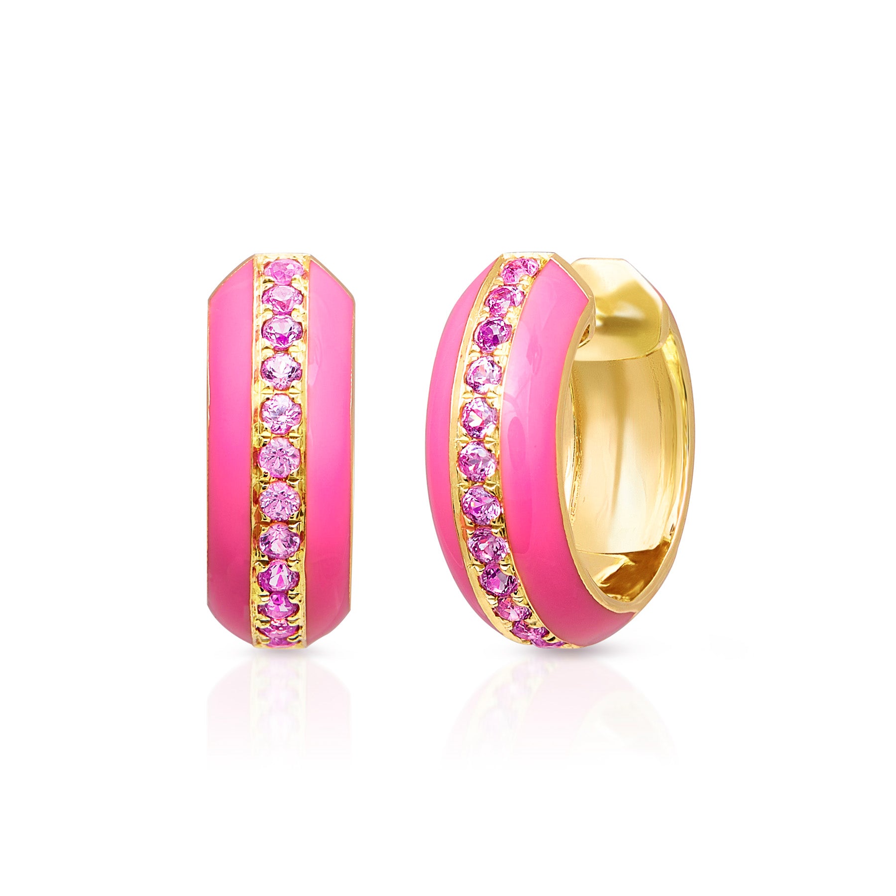 14KT Yellow Gold Pink Sapphire Pink Enamel Huggie Earrings