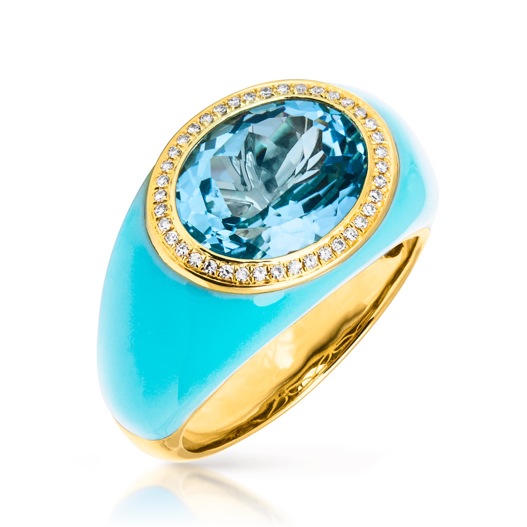 14KT Yellow Gold Blue Topaz Turquoise Enamel Diamond Dome Ring