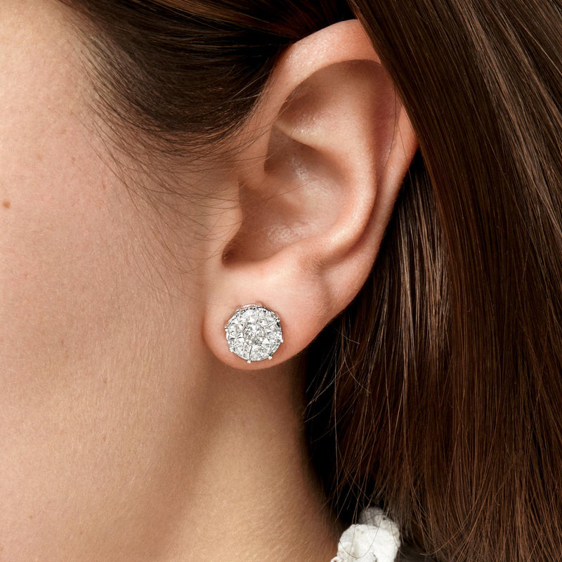 18KT White Gold Diamond Illusion Large Round Stud Earrings