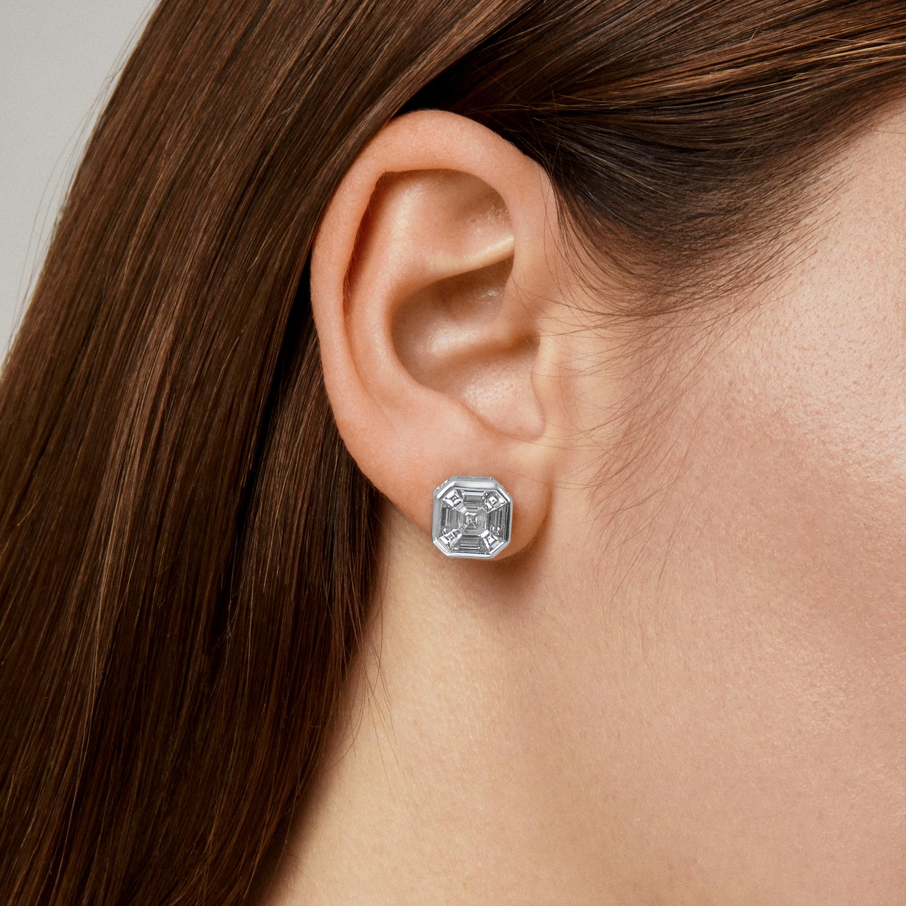 18KT White Gold Asscher Cut Diamond Illusion Stud Earrings