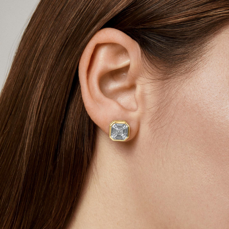 18KT Yellow Gold Asscher Cut Diamond Illusion Stud Earrings