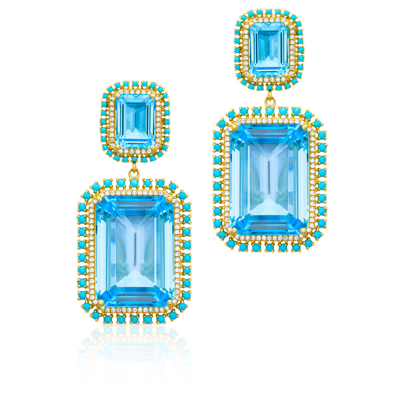 18KT Yellow Gold Blue Topaz Turquoise Diamond Luxe Olympia Earrings