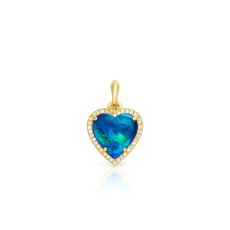 14KT Yellow Gold Opal Diamond Heart Charm Pendant with Clip on Bail