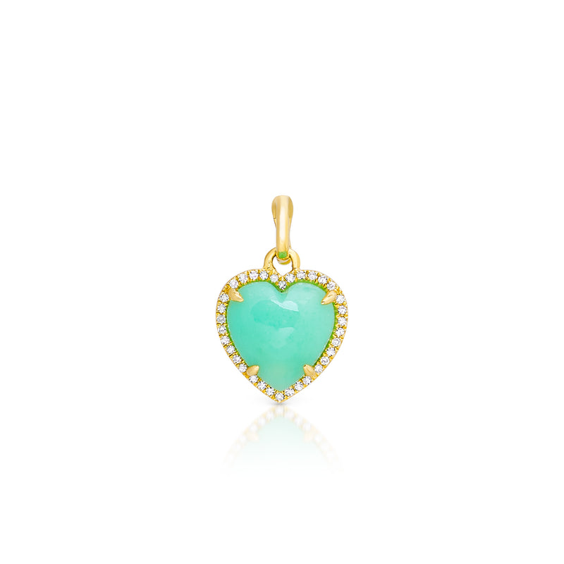 14KT Yellow Gold Chrysoprase Diamond Heart Charm Pendant with Clip on Bail