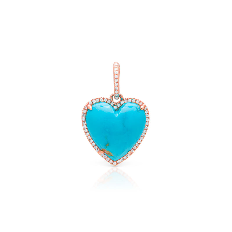 14KT Rose Gold Turquoise Diamond Heart Charm Pendant with Diamond Clip on Bail