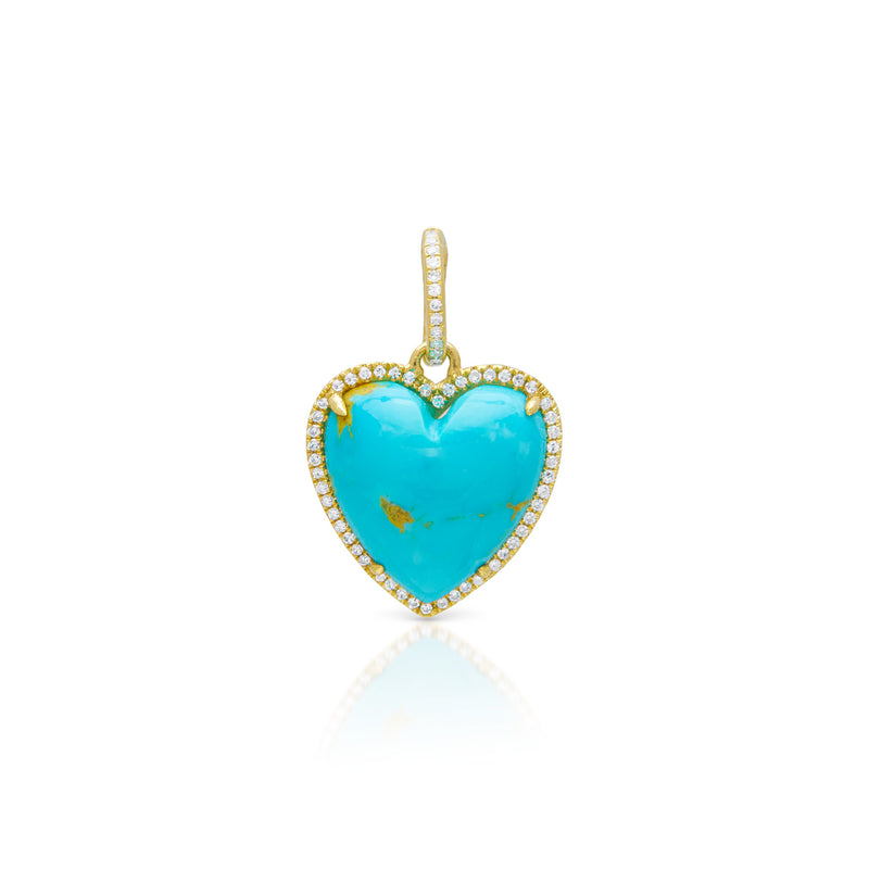 14KT Yellow Gold Turquoise Diamond Heart Charm Pendant with Diamond Clip on Bail