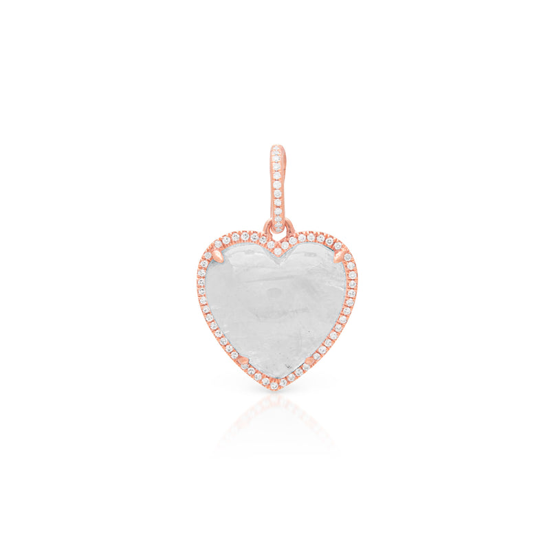 14KT Rose Gold Moonstone Diamond Heart Charm Pendant with Diamond Clip on Bail