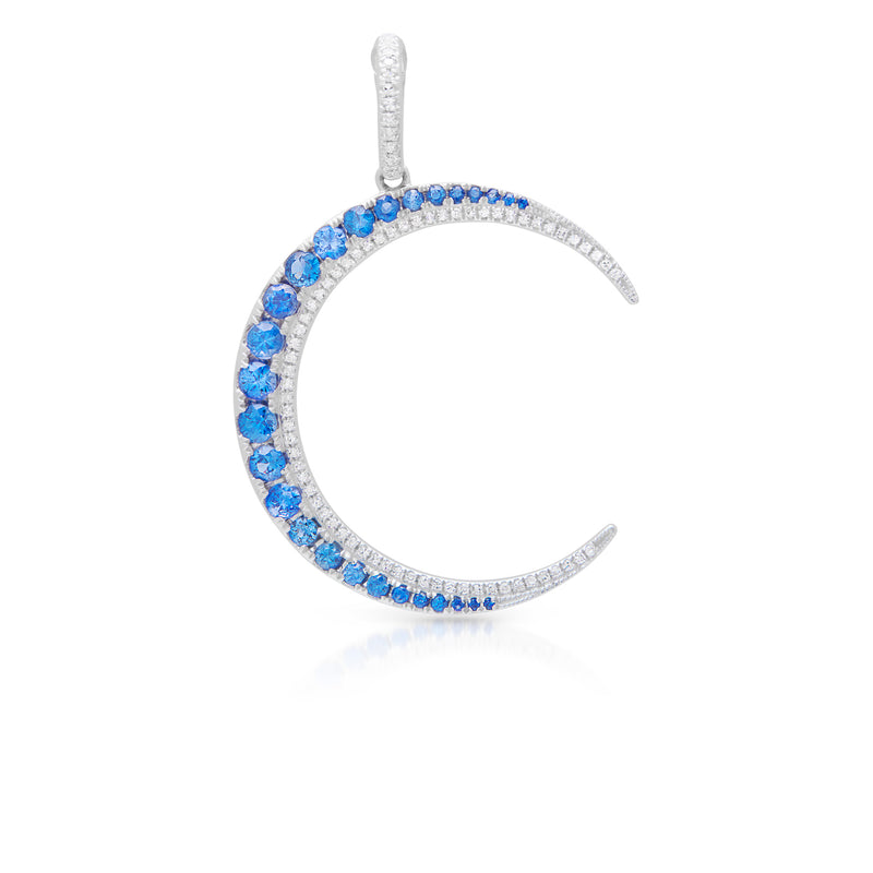 14KT White Gold Blue Sapphire Diamond Lunar Charm Pendant with Diamond Clip On Bail