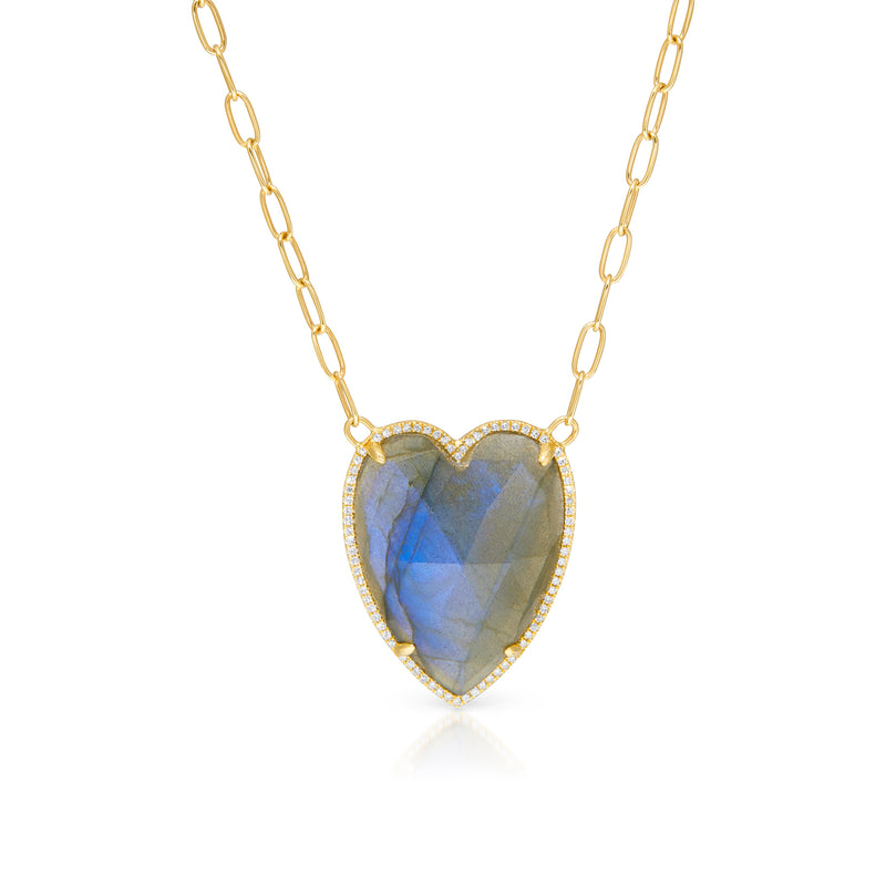 14KT Yellow Gold Labradorite Diamond Heart Chain Link Necklace