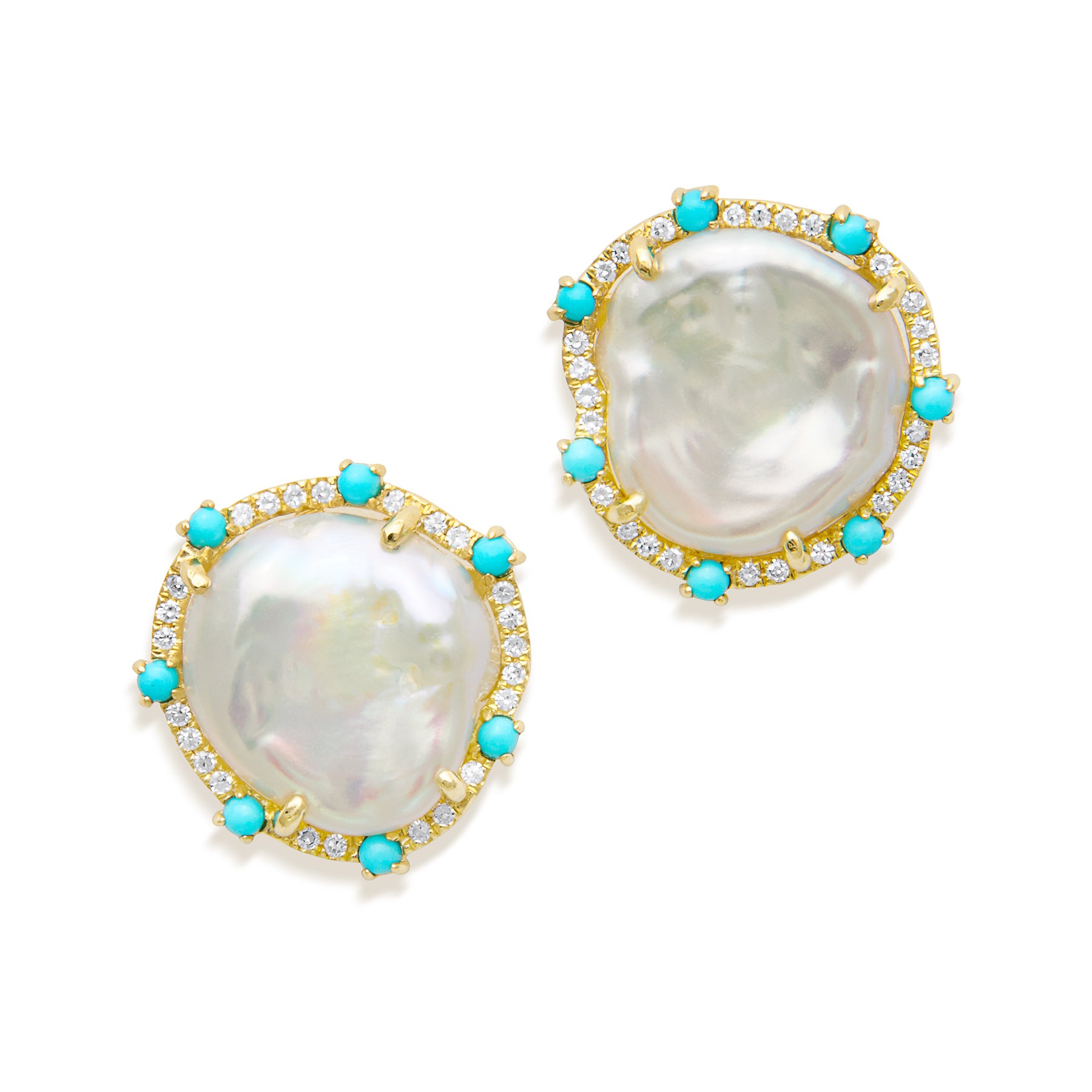 14KT Yellow Gold Baroque Pearl Turquoise Diamond Moorea Earrings